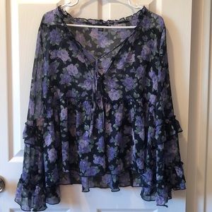 American Eagle Blue & Purple Floral Ruffled Blouse
